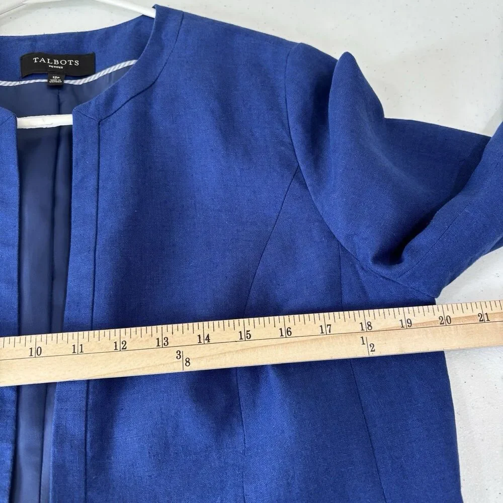 Talbots 100% Linen Blazer Jacket 12p Cobalt Blue Open Front Career Lightweight